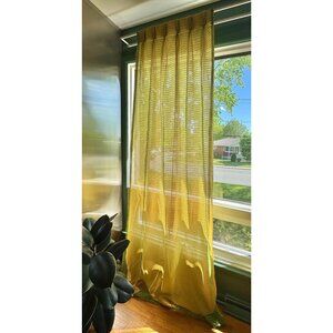 Vintage 70s pleated curtains, green mesh over golden yellow solid liner, single